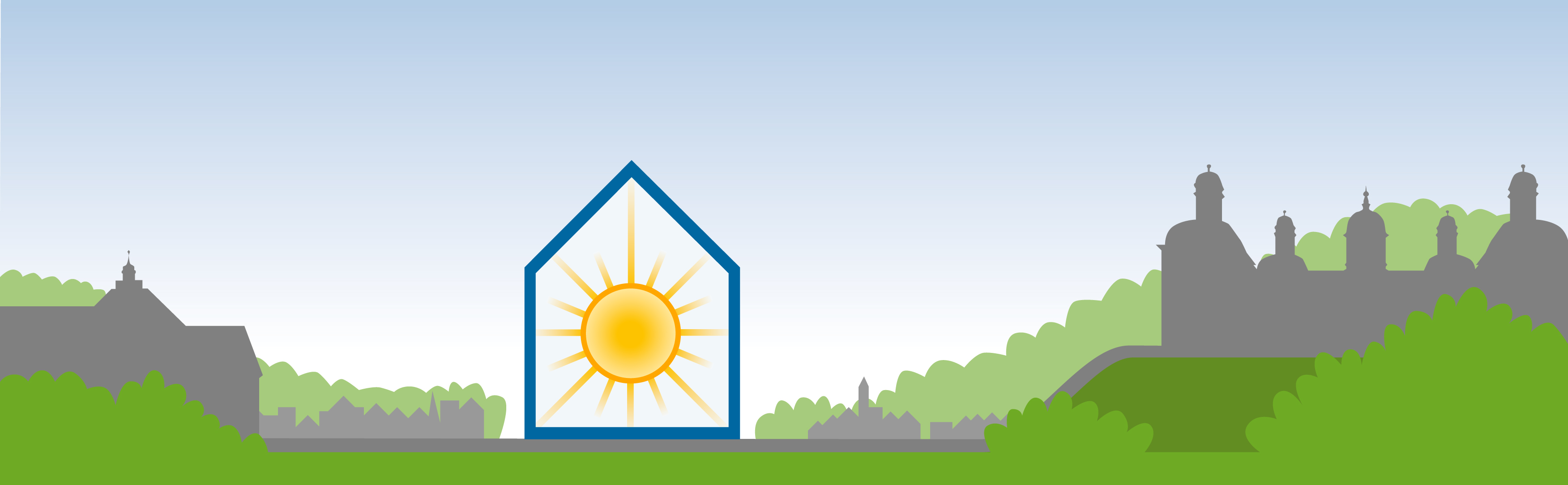 Das Logo der Solarberater, eingerahmt vom Rathaus GL und dem Schloss Bensberg